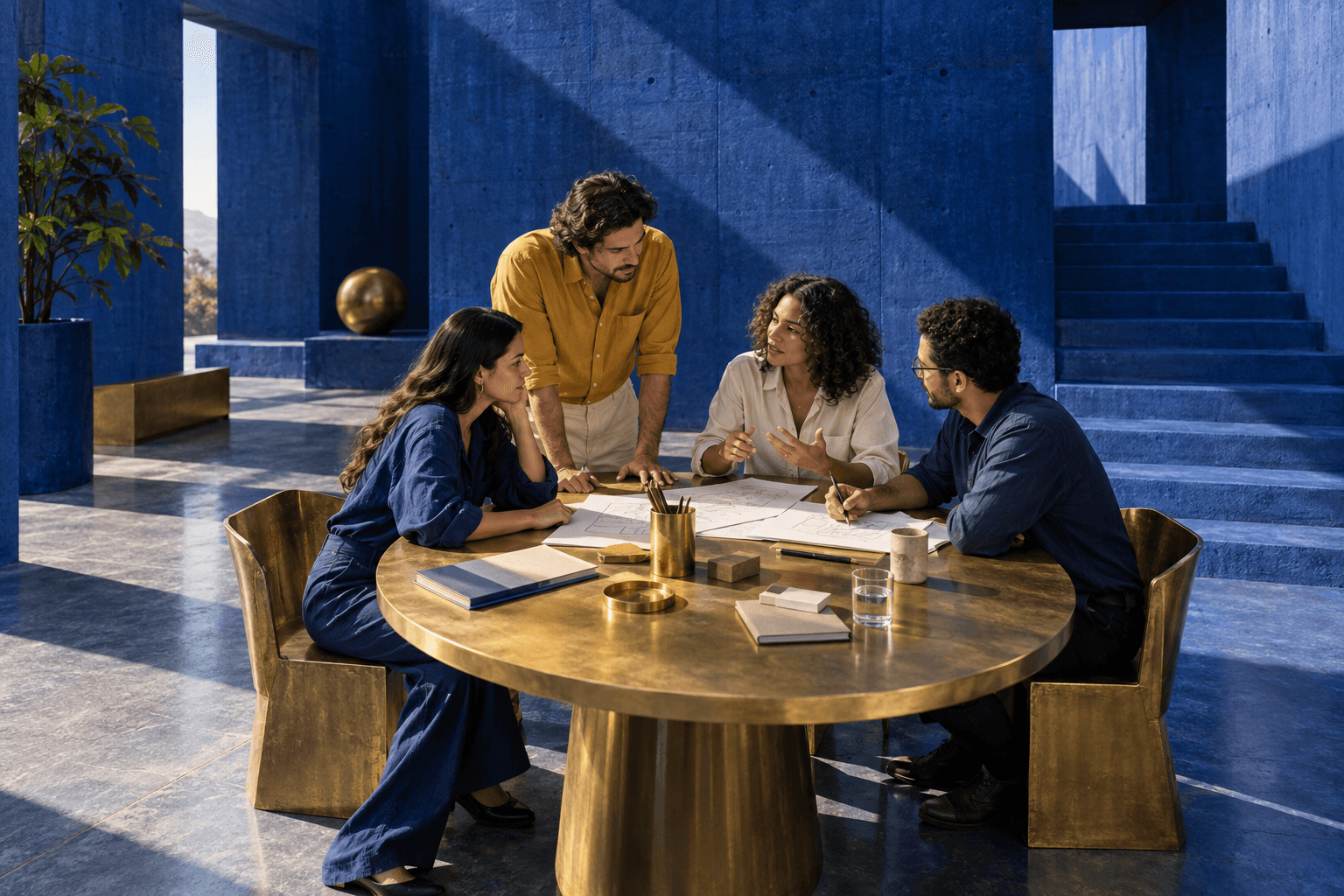 Escena conceptual de un equipo construyendo una estrategia en conjunto